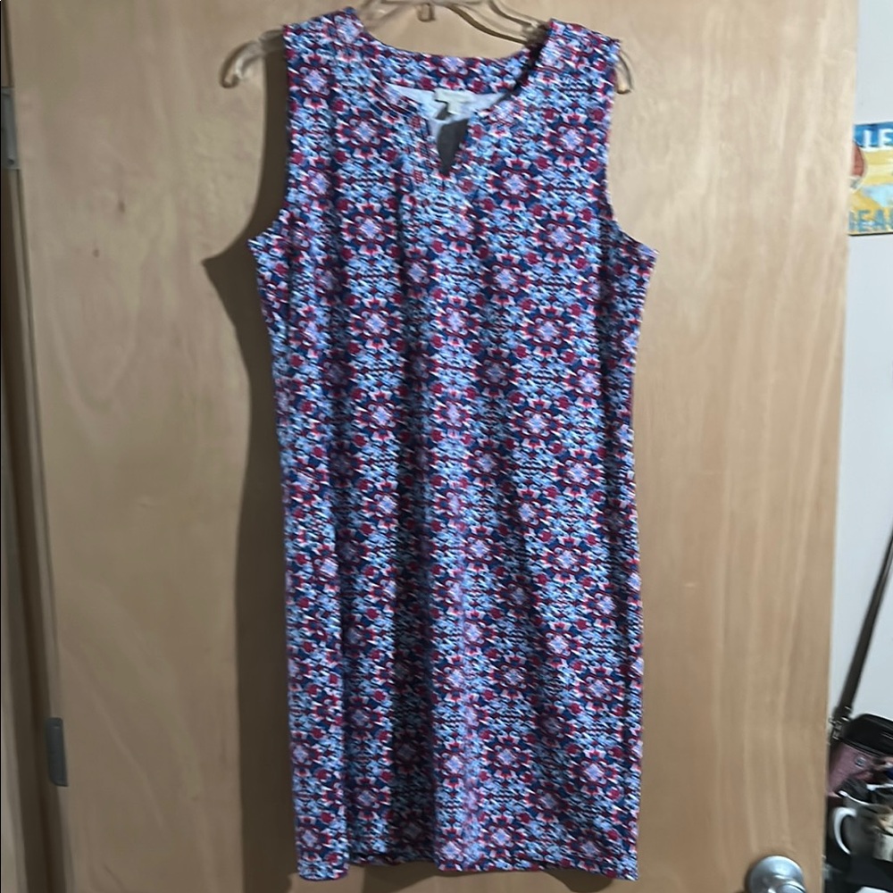 Talbots Blue, Red and White Sheath Midi Dress Crew Neck Sleeveless
